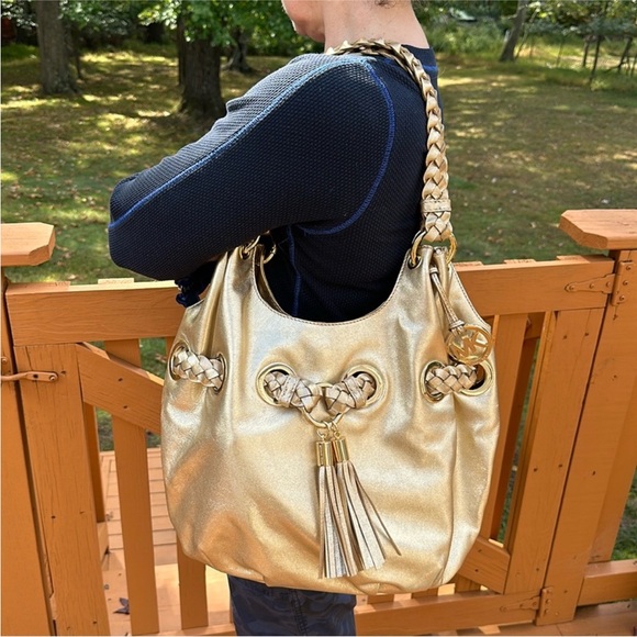 MICHAEL KORS Gold Metallic Shimmer Leather
Braided Strap Bag - Picture 1 of 16
